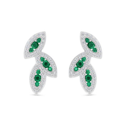 Sterling Silver 925 Earring Rhodium Plated Embedded With Emerald Zircon And White Zircon