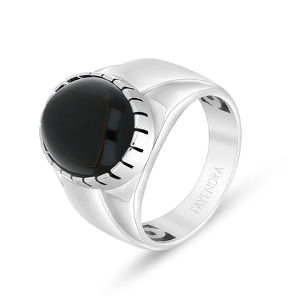 Sterling Silver 925 Ring Rhodium Plated Embedded With Cabochon Black Agate For Men