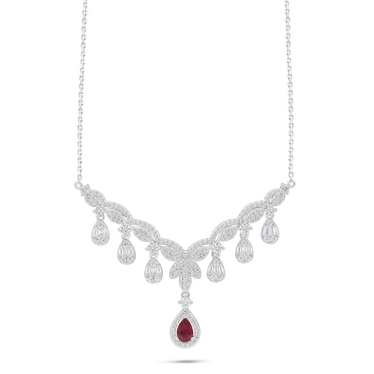 Sterling Silver 925 Necklace Rhodium Plated Embedded With Ruby Corundum And White Zircon