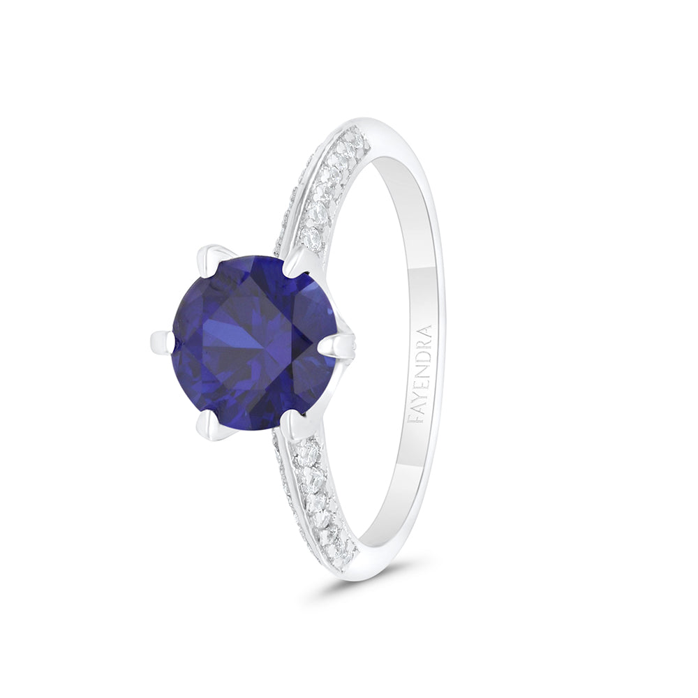 Sterling Silver 925 Ring Rhodium Plated Embedded With Sapphire Corundum And White CZ