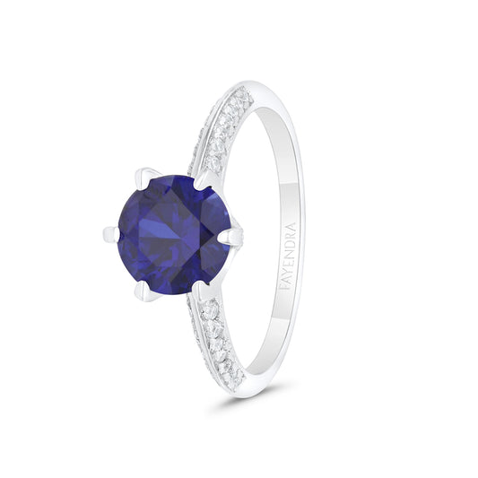 Sterling Silver 925 Ring Rhodium Plated Embedded With Sapphire Corundum And White CZ