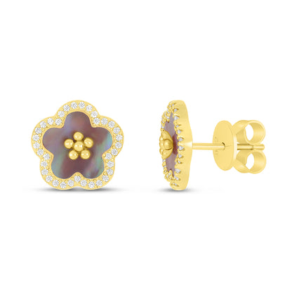 Sterling Silver 925 Earring Golden Plated Embedded With Pink Shell And White Zircon