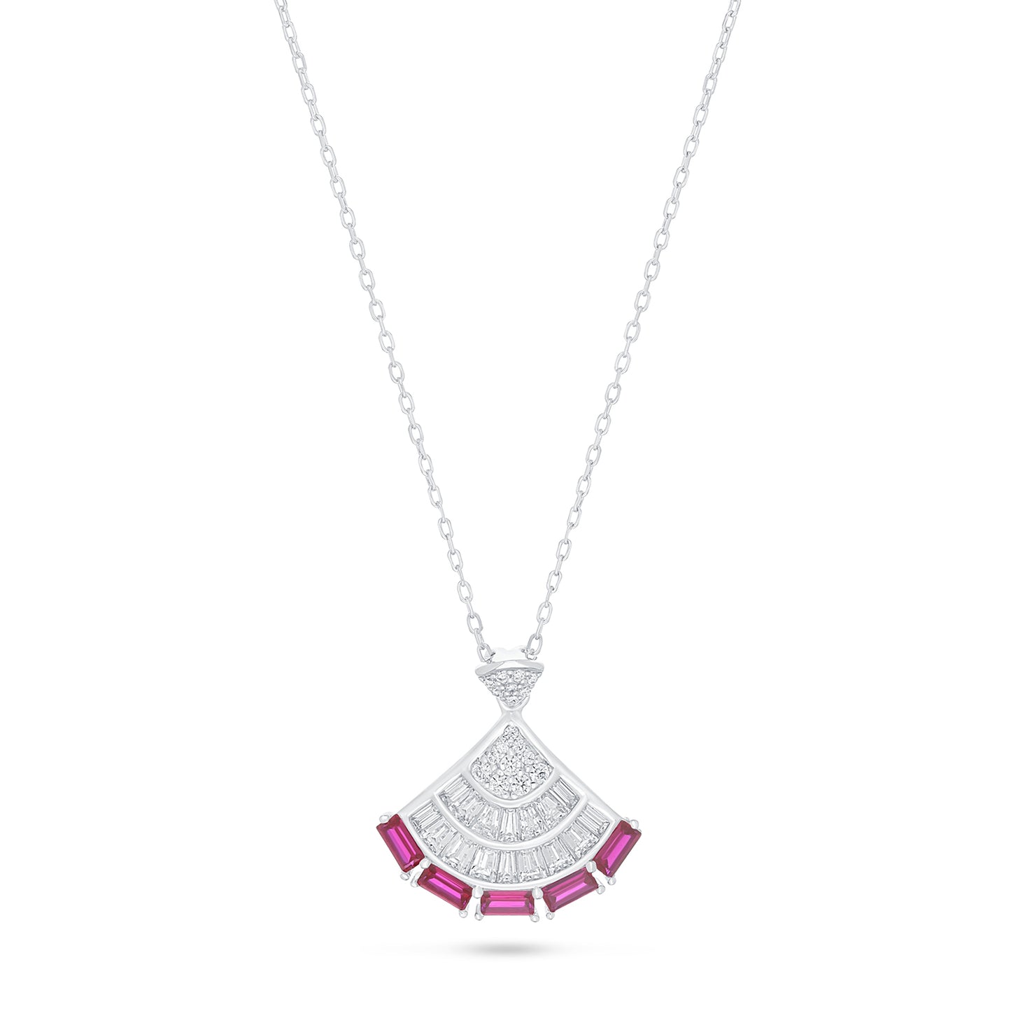 Sterling Silver 925 Necklace Rhodium Plated Embedded With Ruby Corundum And White Zircon