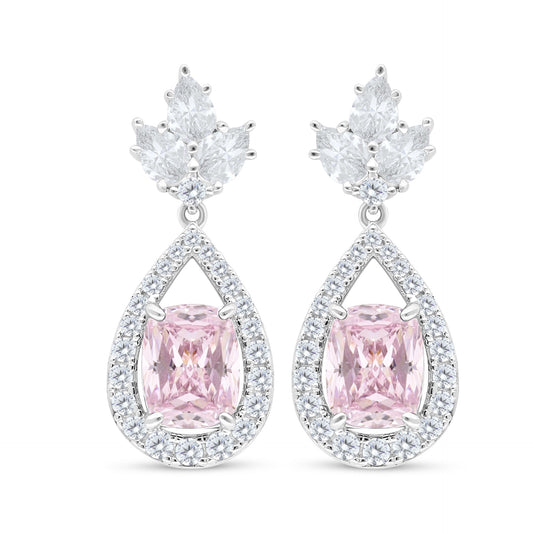 Sterling Silver 925 Earring Rhodium Plated Embedded With pink Zircon And White Zircon