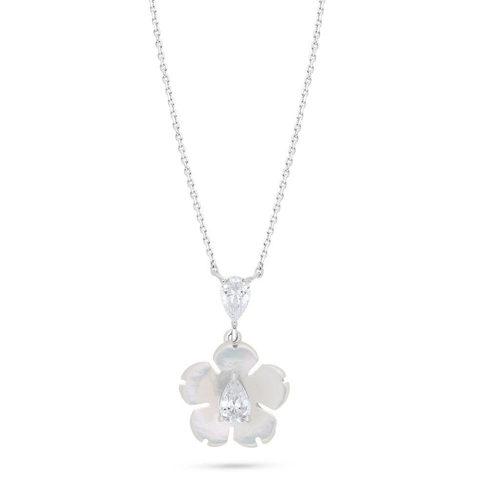 Sterling Silver 925 Necklace Rhodium Plated Embedded With White Shell And White Zircon