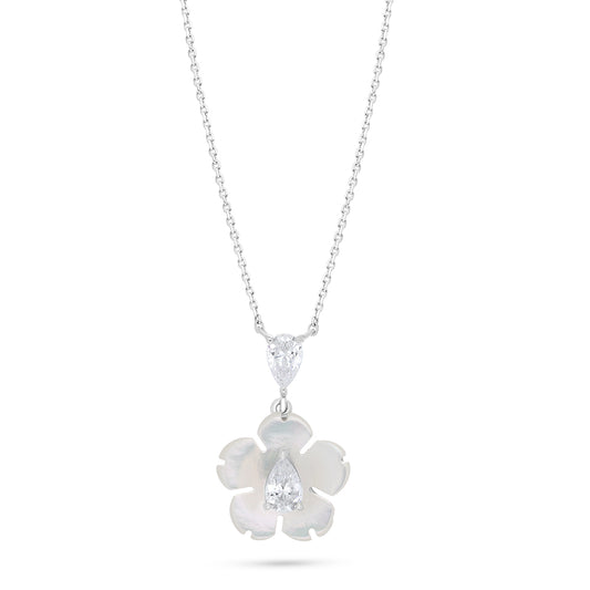 Sterling Silver 925 Necklace Rhodium Plated Embedded With White Shell And White Zircon