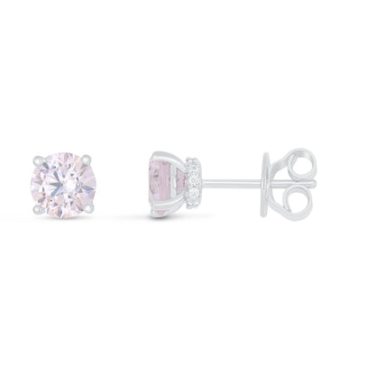 Sterling Silver 925 Earring Rhodium Plated Embedded With Pink Zircon And White Zircon