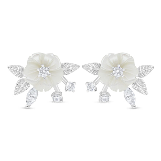 Sterling Silver 925 Earring Rhodium Plated Embedded With White Shell And White Zircon