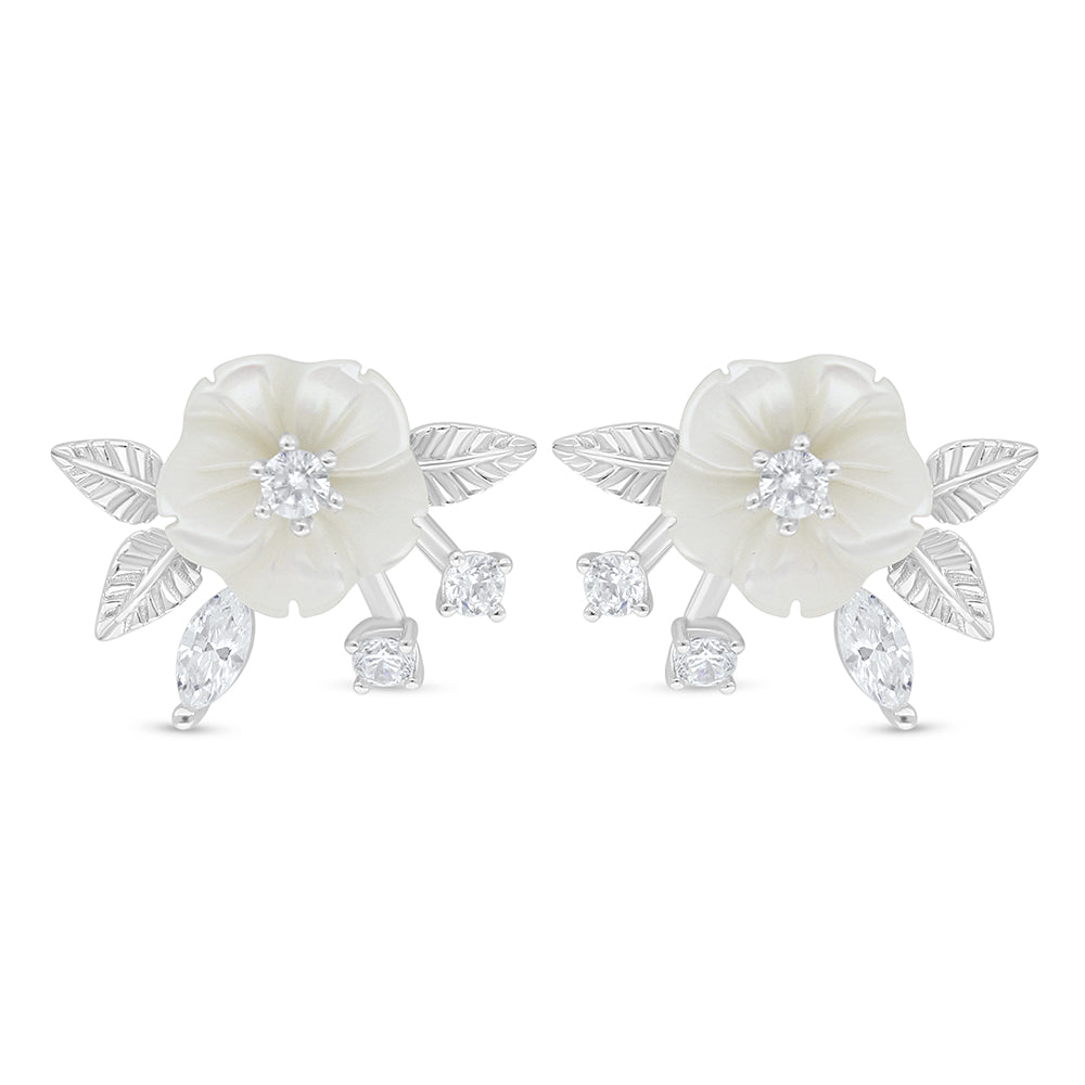 Sterling Silver 925 Earring Rhodium Plated Embedded With White Shell And White Zircon