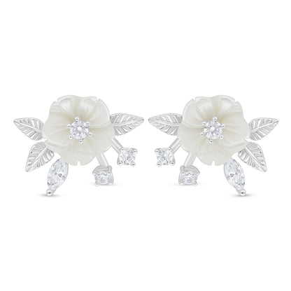 Sterling Silver 925 Earring Rhodium Plated Embedded With White Shell And White Zircon