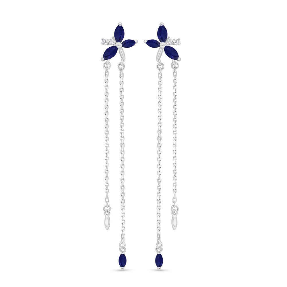 Sterling Silver 925 Earring Rhodium Plated Embedded With Sapphire Corundum And White Zircon