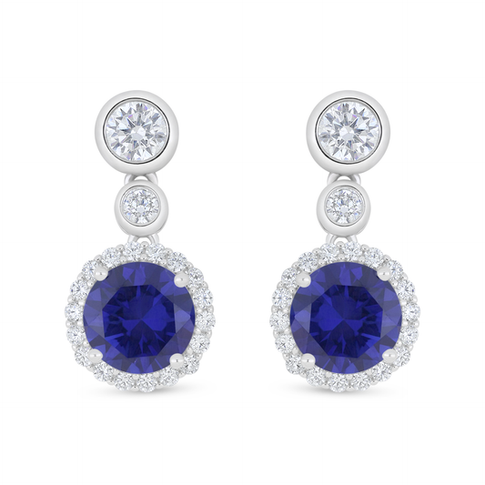 Sterling Silver 925 Earring Rhodium Plated Embedded With Sapphire Corundum And White Zircon