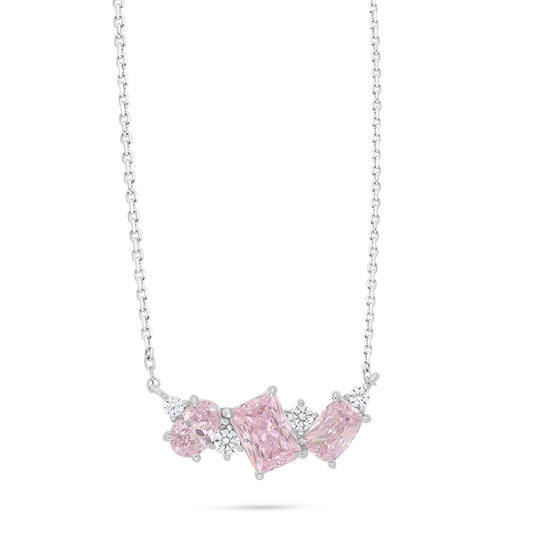 Sterling Silver 925 Necklace Rhodium Plated Embedded With Pink Zircon And White Zircon
