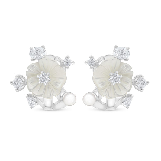 Sterling Silver 925 Earring Rhodium Plated Embedded With Natural White Pearl And White Shell