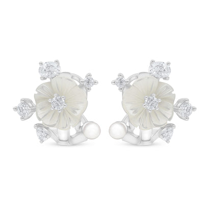 Sterling Silver 925 Earring Rhodium Plated Embedded With Natural White Pearl And White Shell