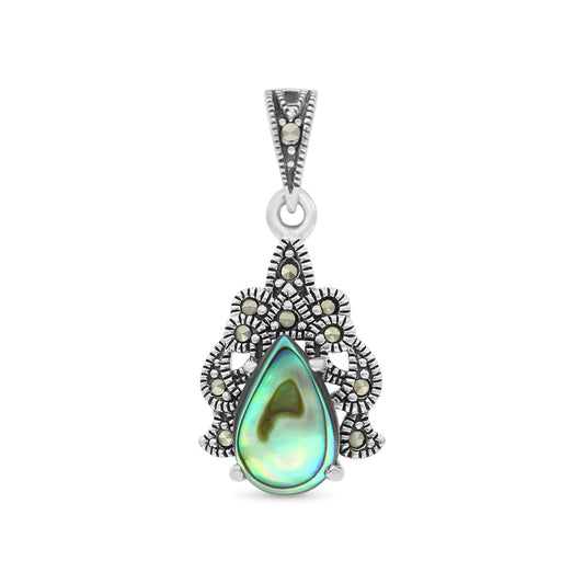 Sterling Silver 925 Pendant Embedded With Natural Blue Shell And Marcasite Stones