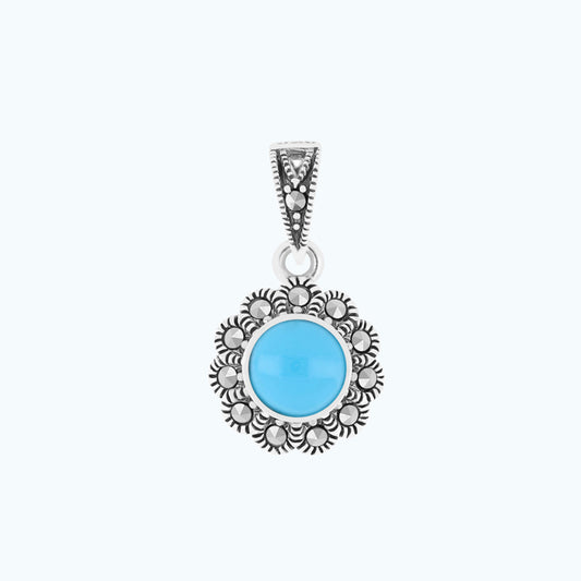 Sterling Silver 925 Pendant Embedded With Natural Processed Turquoise And Marcasite Stones