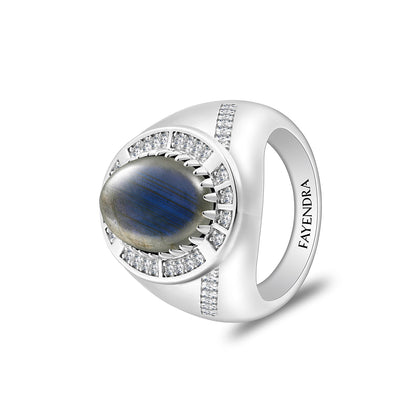 Sterling Silver 925 Ring Rhodium Plated Embedded With Cabochon Labradorite And White Zircon For Men