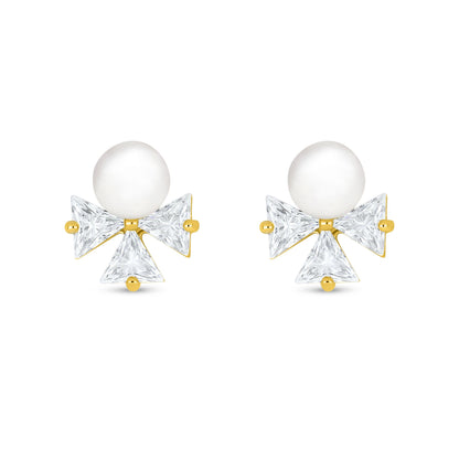 Sterling Silver 925 Earring Golden Plated Embedded With Natural White Pearl And White Zircon