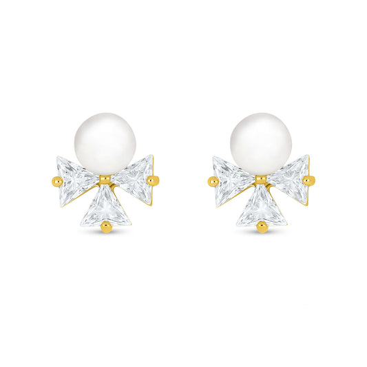 Sterling Silver 925 Earring Golden Plated Embedded With Natural White Pearl And White Zircon