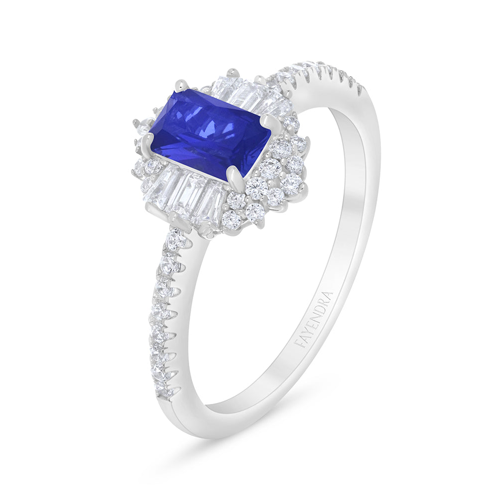Sterling Silver 925 Ring Rhodium Plated Embedded With Sapphire Corundum And White Zircon