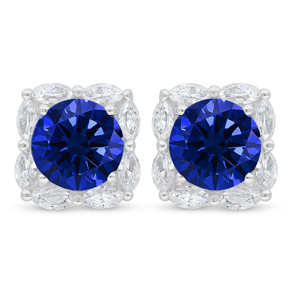 Sterling Silver 925 Earring Rhodium Plated Embedded With Sapphire Corundum And White Zircon