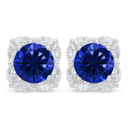 Sterling Silver 925 Earring Rhodium Plated Embedded With Sapphire Corundum And White Zircon