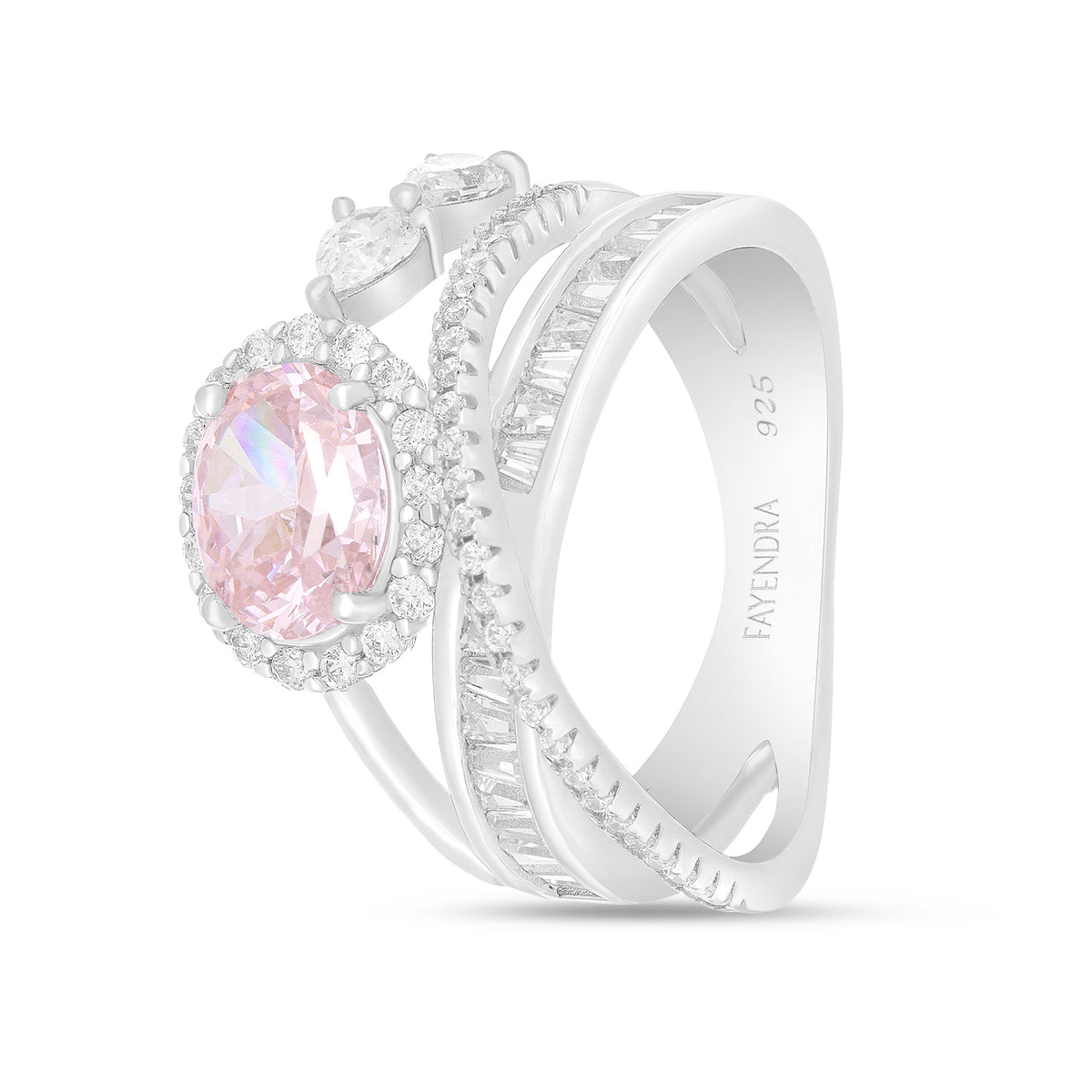 Sterling Silver 925 Ring Rhodium Plated Embedded With Pink Zircon And White Zircon