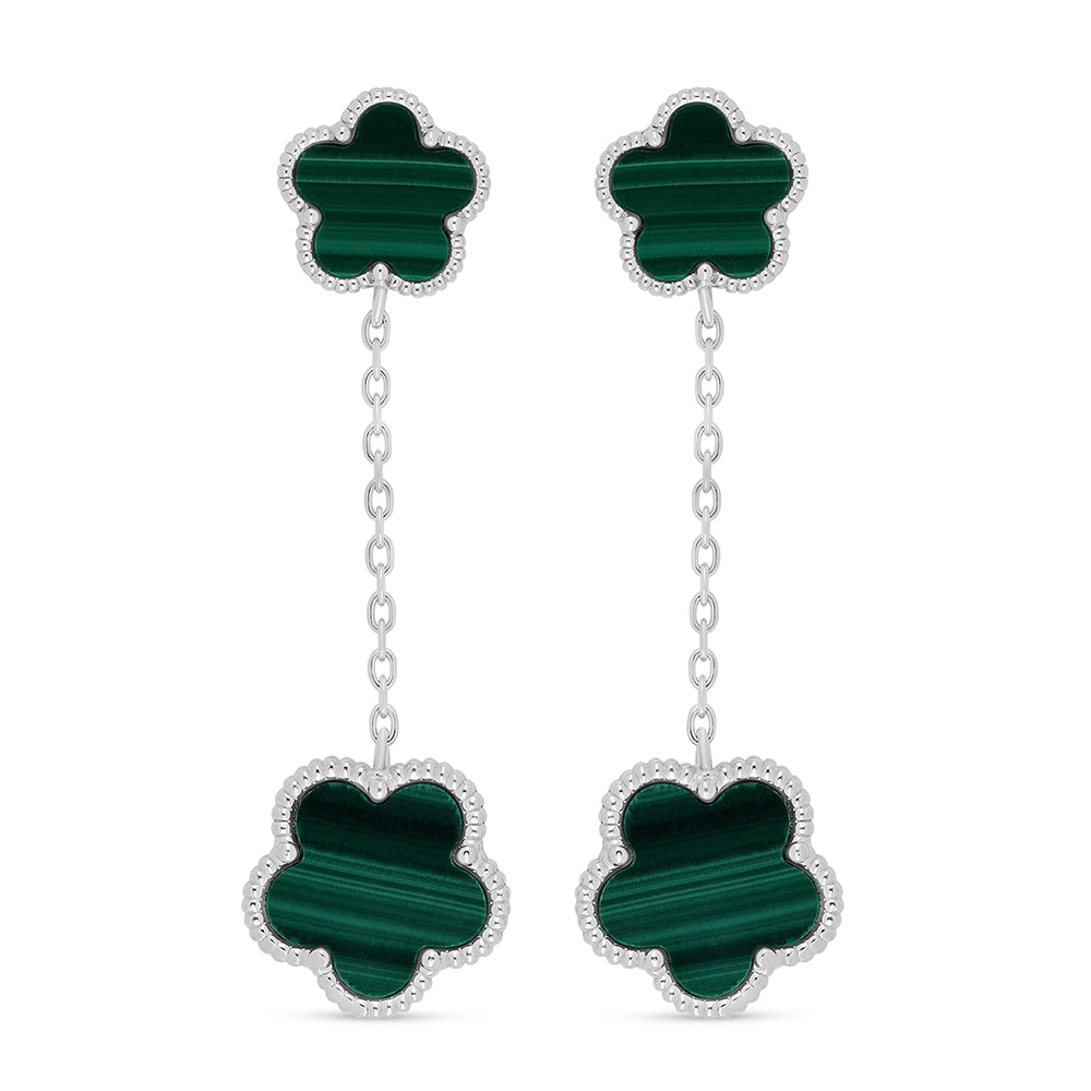 Sterling Silver 925 Earring Rhodium Plated Embedded With Malachite Stones And White Zircon