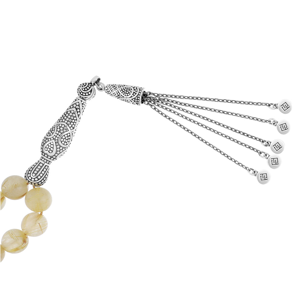Rosary 33 Natural Rutile Round Bead 11 mm With Oxidized Silver 925 Set