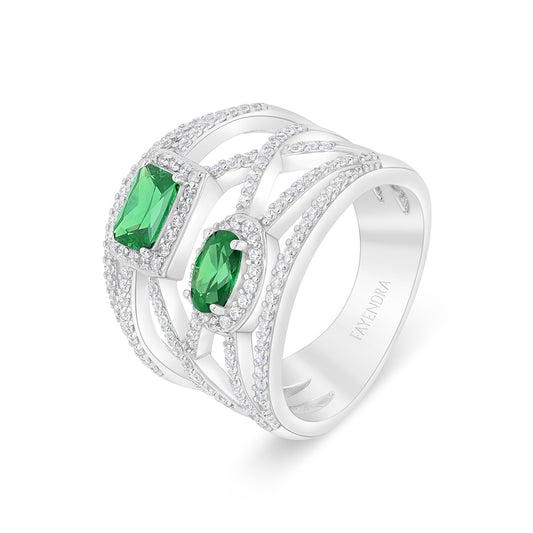Sterling Silver 925 Ring Rhodium Plated Embedded With Emerald Zircon And White Zircon