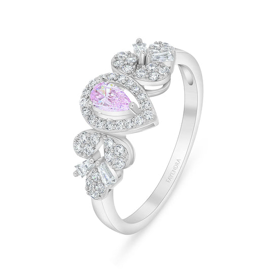 Sterling Silver 925 Ring Rhodium Plated Embedded With Pink Zircon And White Zircon