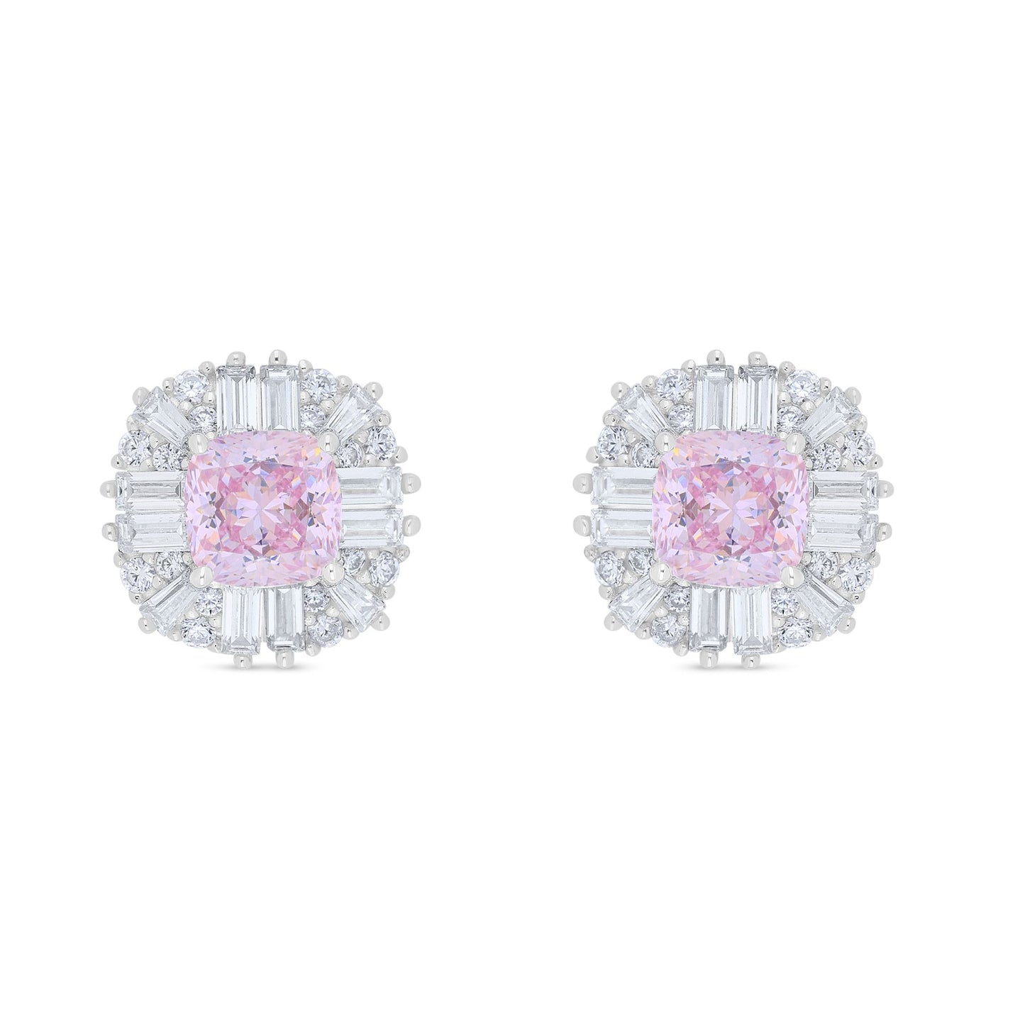Sterling Silver 925 Earring Rhodium Plated Embedded With Pink Zircon And White Zircon