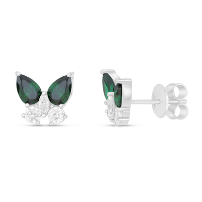 Sterling Silver 925 Earring Rhodium Plated Embedded With Emerald Zircon And White Zircon