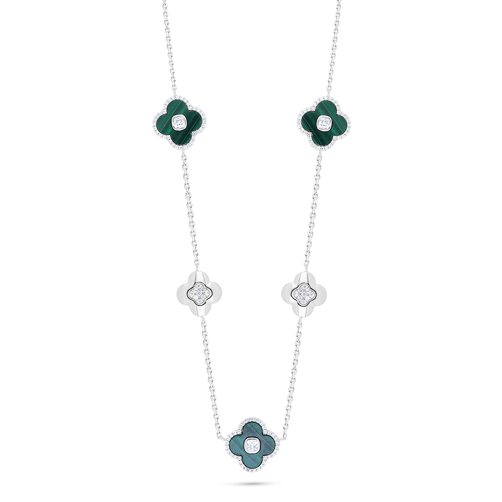 Sterling Silver 925 Necklace Rhodium Plated Embedded With Malachite Stones And White Zircon