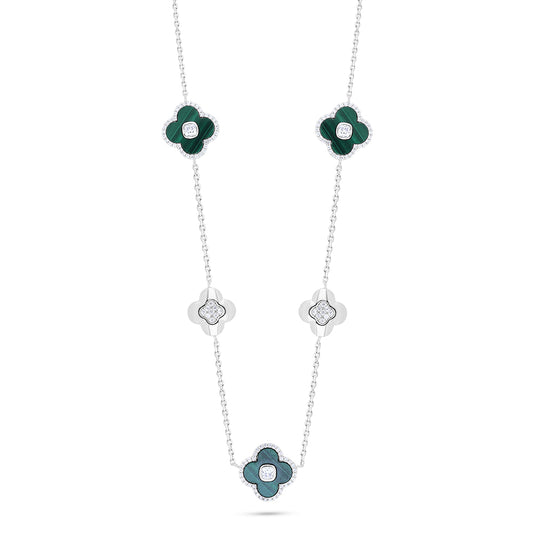 Sterling Silver 925 Necklace Rhodium Plated Embedded With Malachite Stones And White Zircon