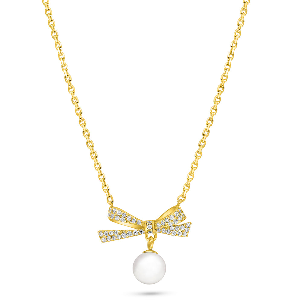 عقد من الفضة الخالصة عيار 925 مطلي ذهبي مرصع لولو ابيض طبيعي و فص ابيض