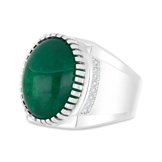 خاتم رجالي عيار 925 مطلي روديوم مرصع بحجر الزمرد الطبيعي و الالماس الطبيعي