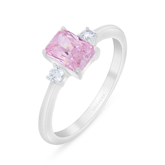 Sterling Silver 925 Ring Rhodium Plated Embedded With Pink Zircon And White Zircon