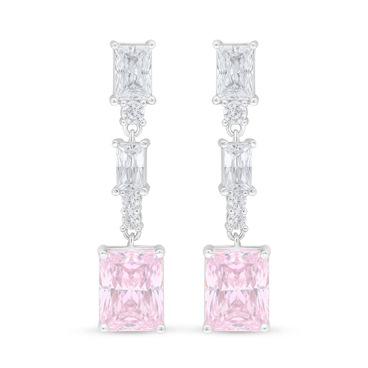 Sterling Silver 925 Earring Rhodium Plated Embedded With Pink Zircon And White Zircon