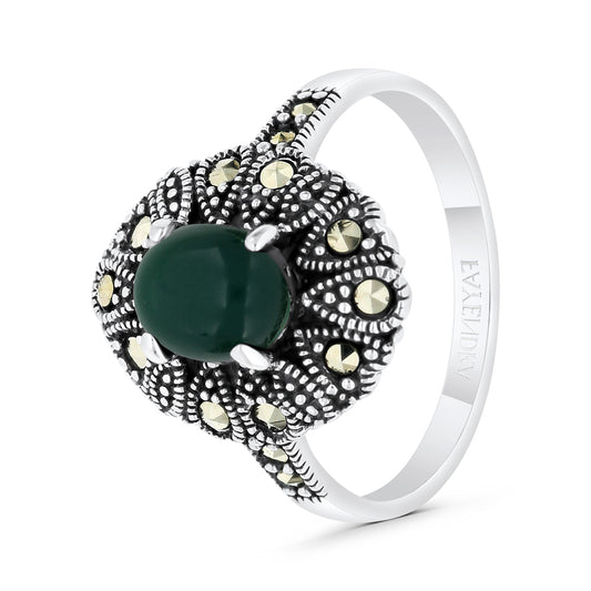 Sterling Silver 925 Ring Embedded With Natural Green Agate And Marcasite Stones