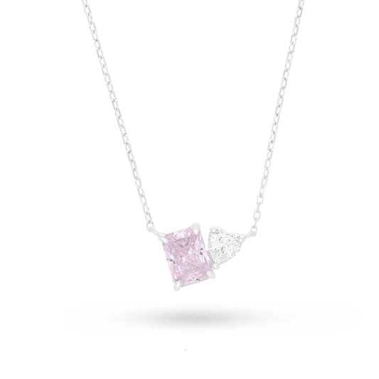 Sterling Silver 925 Necklace Rhodium Plated Embedded With Pink Zircon And White Zircon