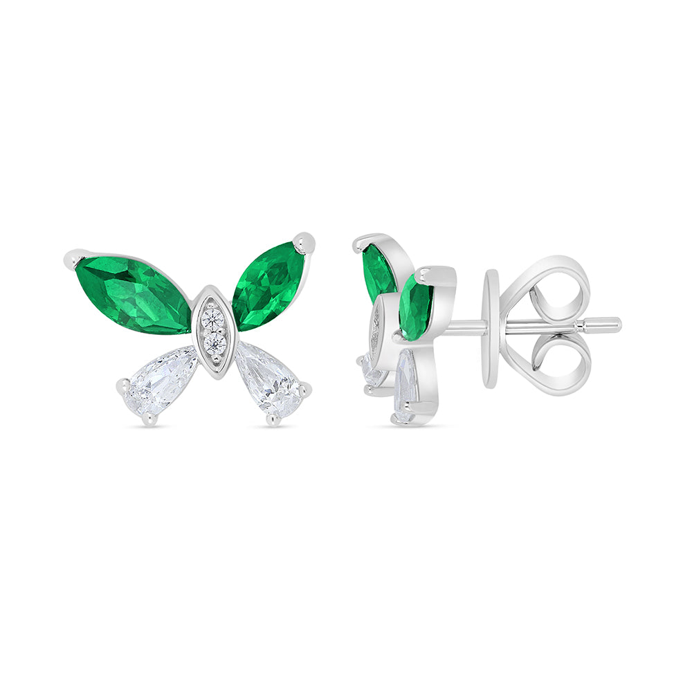 Sterling Silver 925 Earring Rhodium Plated Embedded With Emerald Zircon And White Zircon