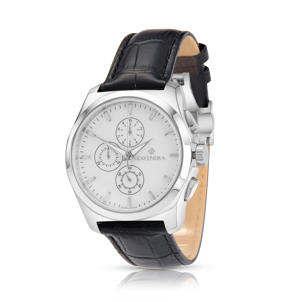 ساعة رجالي ستانلس ستيل عيار L316 بلون فضي جلد اسود - مينا حجر صدف ام اللالئ الابيض