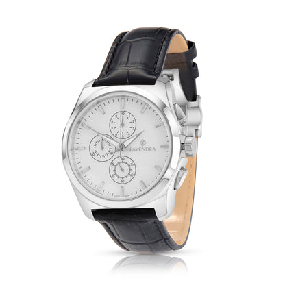 ساعة رجالي ستانلس ستيل عيار L316 بلون فضي جلد اسود - مينا حجر صدف ام اللالئ الابيض