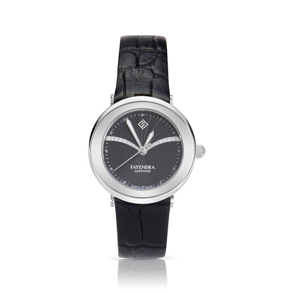 Stainless Steel 316L Watch Silver Color Black Leather And White Zircon - BLACK METAL DIAL
