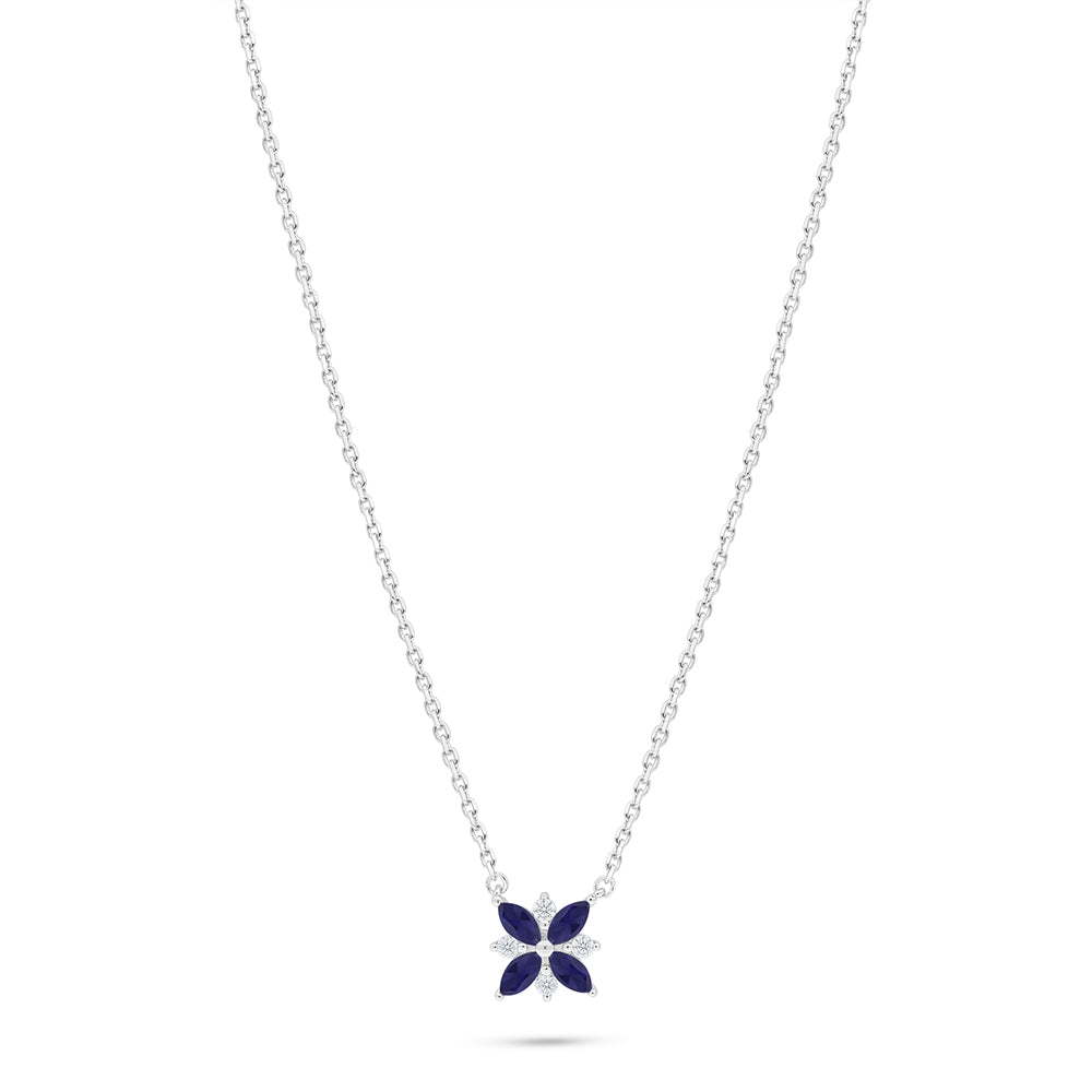 Sterling Silver 925 Necklace Rhodium Plated Embedded With Sapphire Corundum And White Zircon