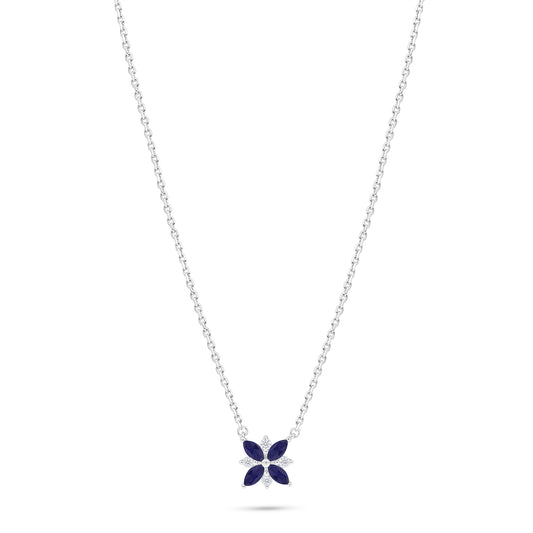 Sterling Silver 925 Necklace Rhodium Plated Embedded With Sapphire Corundum And White Zircon