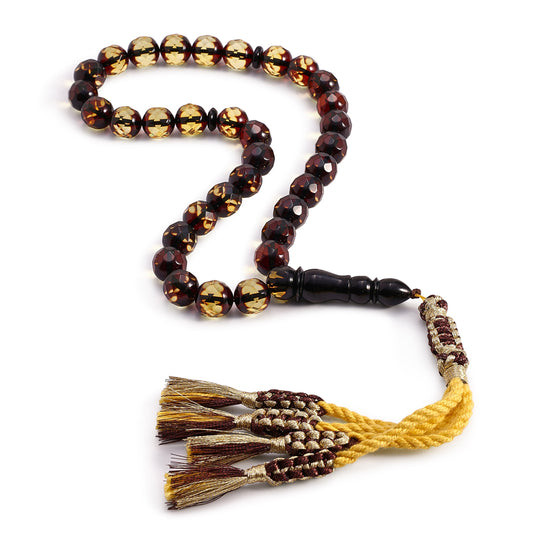 Rosary 33 Embedded With Natural Green Amber Round Faceted Beads 10 mm And Fabric Tassel