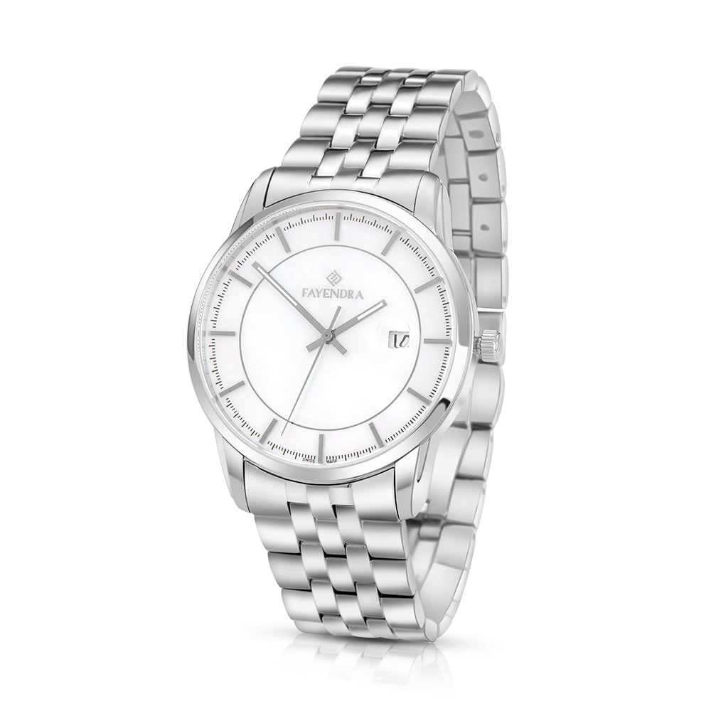 ساعة رجالي ستانلس ستيل عيار L316 بلون فضي - مينا حجر صدف ام اللالئ الابيض